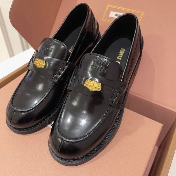 Miu Miu Black Loafers with Gold Accent - Picture 3 of 9